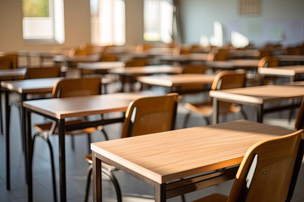 Empty chairs and tables in a school classroom shallow depth of field