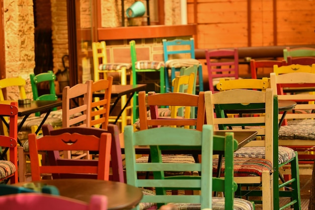 empty chairs and tables in store