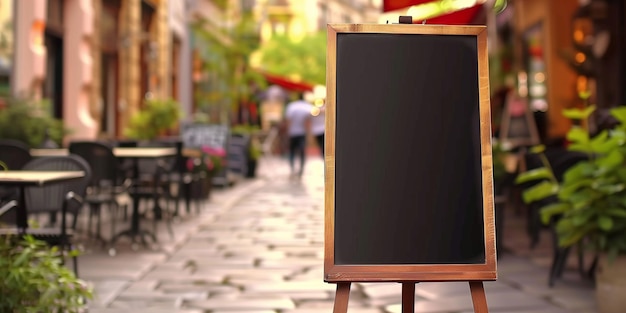 Photo empty chalkboard easel on cobblestone street with cafes