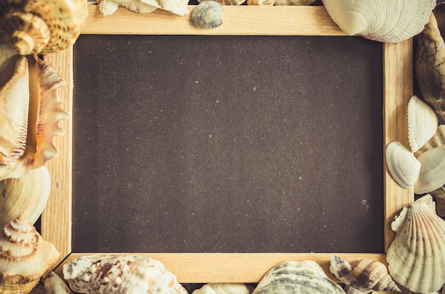 Empty chalkboard or photo frame with seashells.