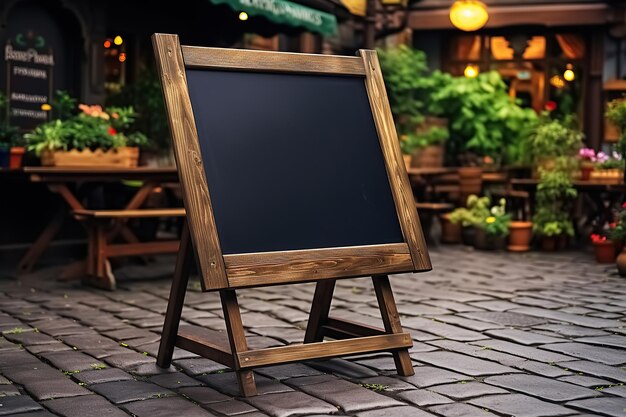 An empty chalkboard rests on a wooden stand