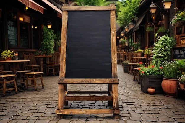 An empty chalkboard rests on a wooden stand