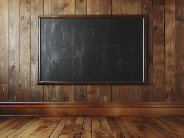 Photo empty chalkboard on wooden wall with warm ambiance ai generated