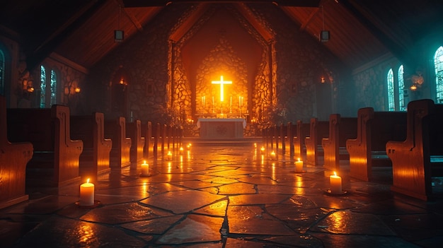 An Empty Chapel With A CrossShaped Arrangement Background