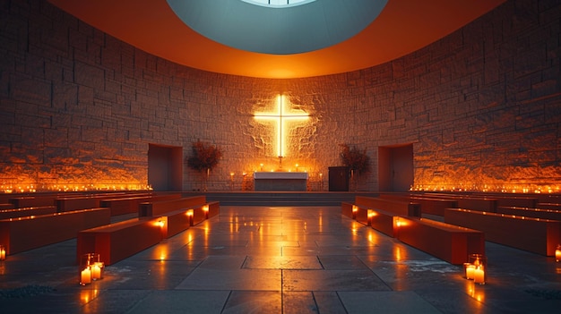 十字架 の 形 の 背景 に ある 空 の 礼拝 堂