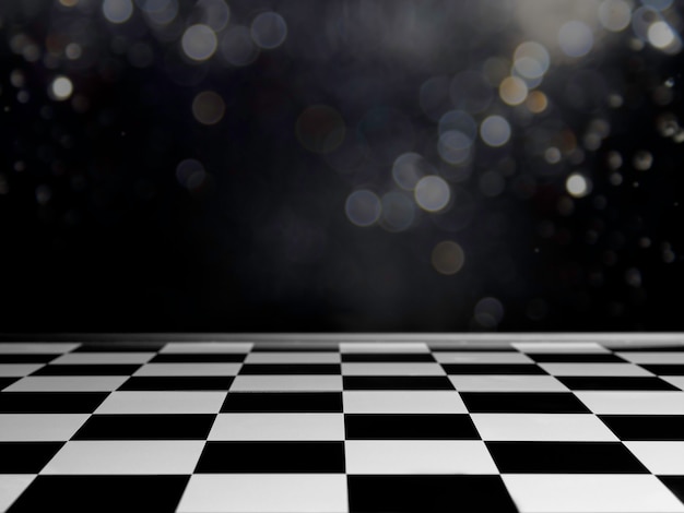 Empty chessboard background floor pattern in perspective on dark background with bokeh. Chess board on black background, black and white style.