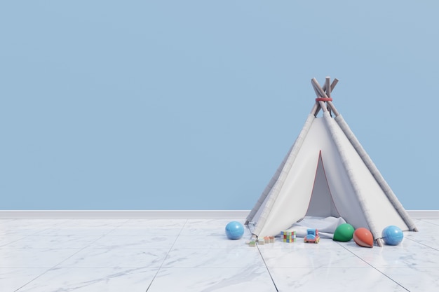 An empty children room playroom with tent and toy on blue wall background 