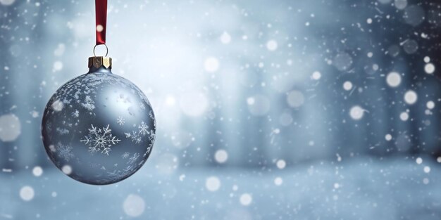 Empty Christmas ball over the winter snowy background