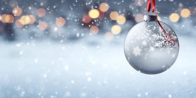 눈 덮인 겨울 배경 위에 빈 크리스마스 공