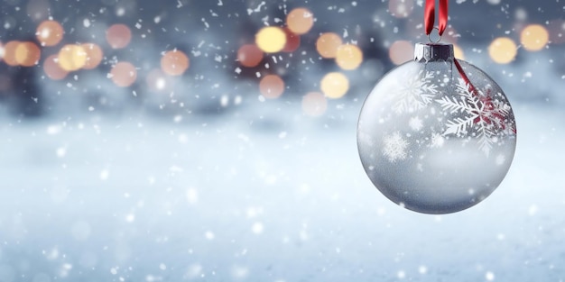 Empty Christmas ball over the winter snowy background