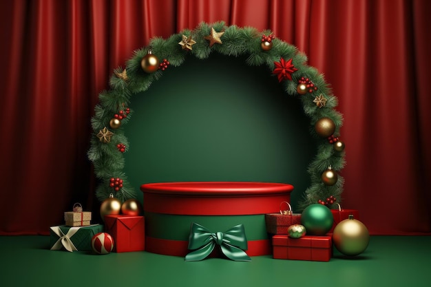 An empty christmas product display podium with festive wreath decorations