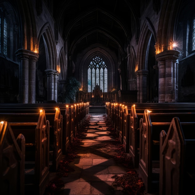 an empty church with candles lit in the dark