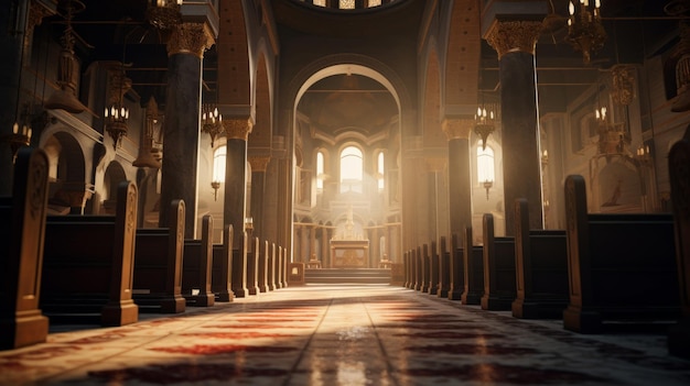 An Empty Church With Columns and a Clock