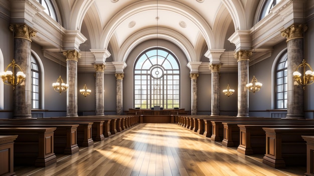 Empty church with wooden pews and large window Generative AI