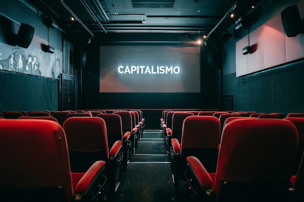 Photo empty cinema auditorium with red seats and big screen with text
