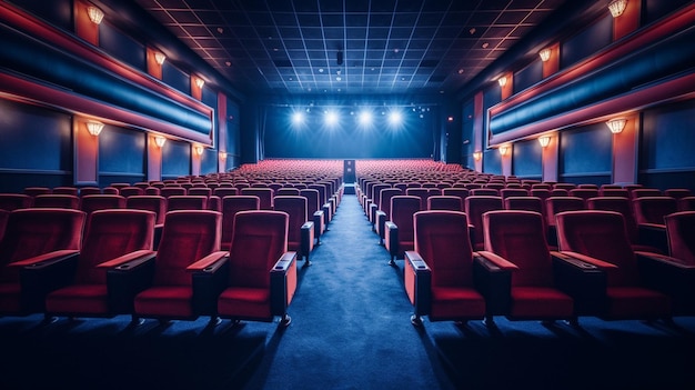 Empty cinema auditorium with rows of orange seatsgenerative ai