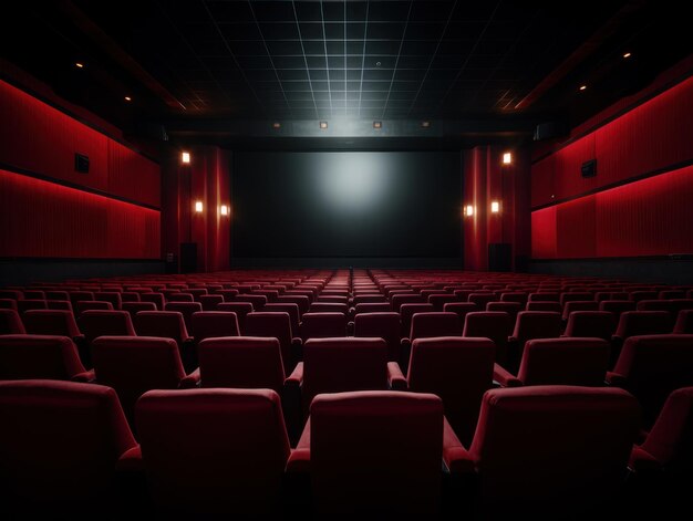 Empty cinema auditorium with rows of red seats and blank black screen