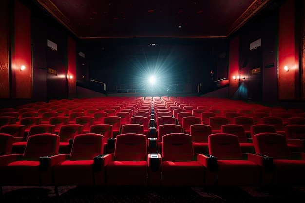 Empty cinema auditorium with rows of red seats illuminated by spotlights Bright empty red seats in cinema rows AI Generated