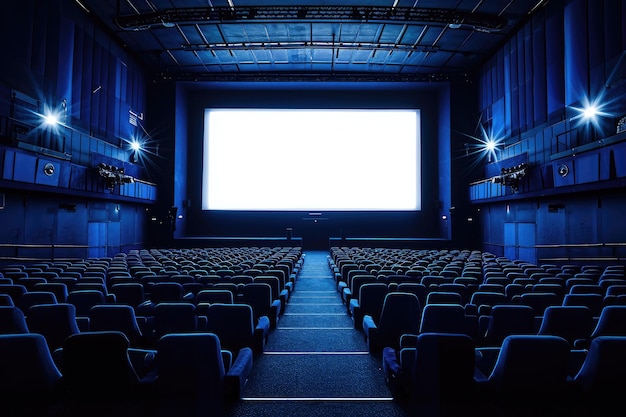 Empty of cinema in blue color with white blank screen