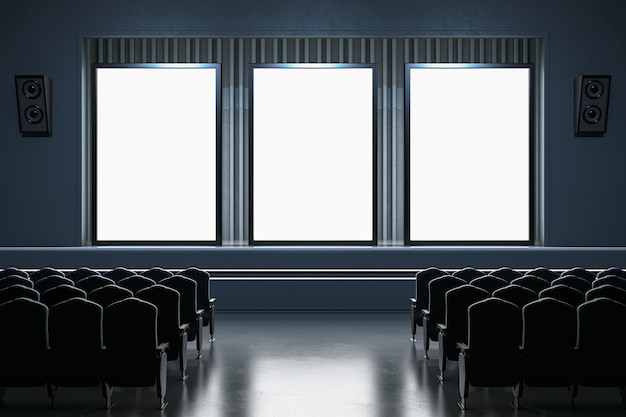 Foto sala cinematografica vuota con sedili spaziosi e schermi vuoti di design moderno rendering 3d