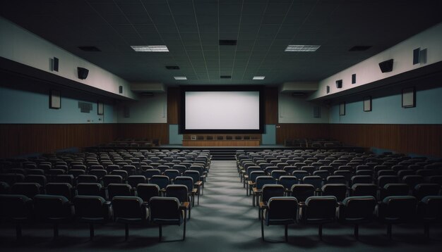 Empty cinema hall with screen ready for movie projection