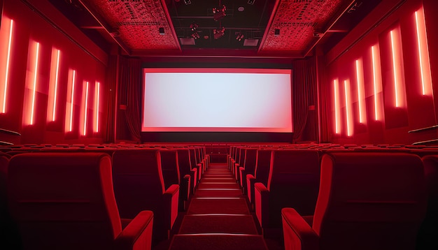 Photo empty of cinema in red color with white blank screen