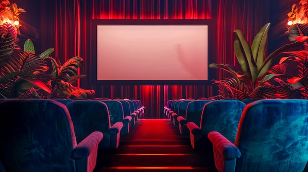 Foto un cinema vuoto con tende rosse e sedili blu