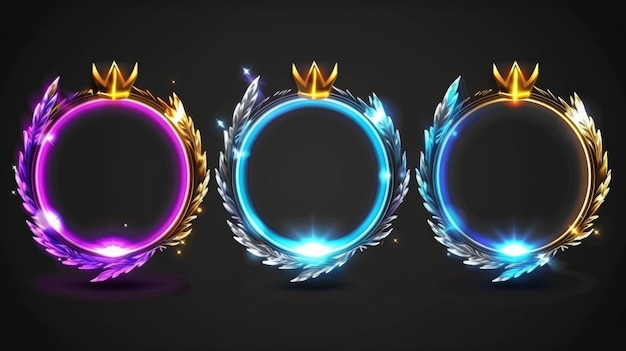 An empty circle frame with glossy gold silver purple blue and purple borders modern cartoon depicts futuristic frames with feathers and crowns for user avatars in game interfaces