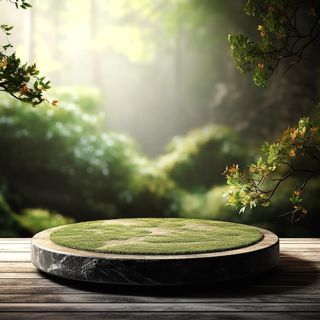 Empty circular stone platform with spring background with copy space for product display