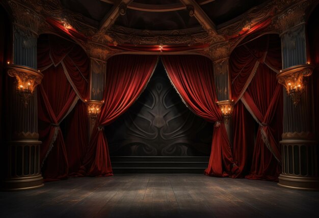 an empty circus stage with red curtains