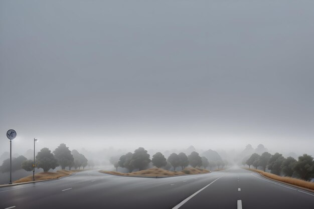 Empty city road covered in fog misty asphalt road on a winter morning generated by Ai