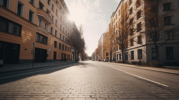 An empty city street lined with tall buildings