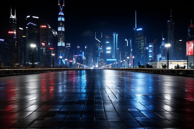 an empty city street at night with skyscrapers in the background