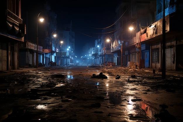 an empty city street at night with street lights