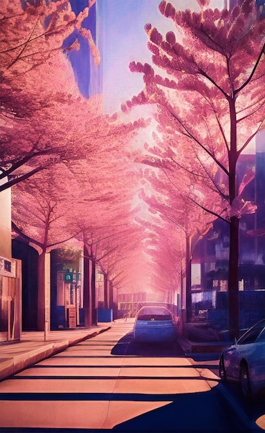 Empty city street with blooming sakura trees illustration