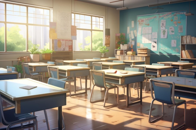 Empty classroom anime visual novel game Wood design Generate Ai