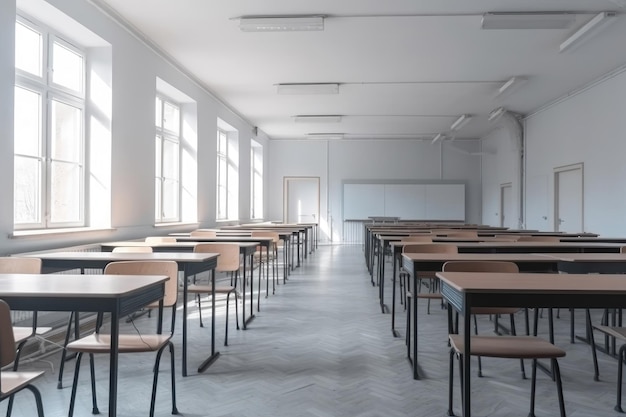 Empty classroom Blurred school classroom without students with empty chairs and tables