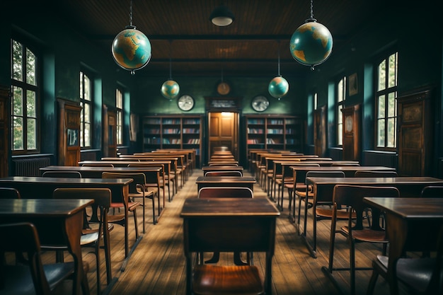 Empty classroom interior vintage wooden lecture wooden chairs and desks