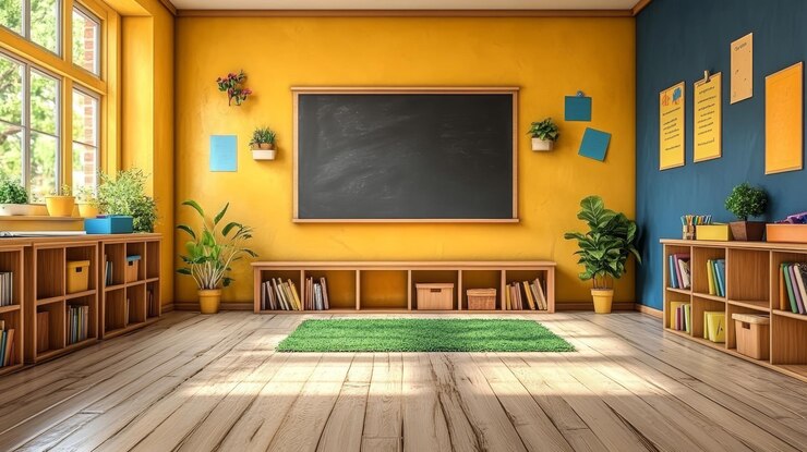 Photo empty classroom interior with green rug and wooden bookshelves