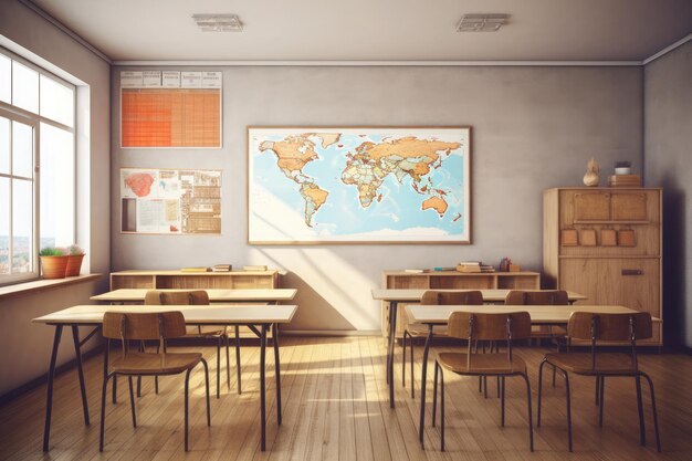 Empty classroom interior with wooden desks and chairs maps and white board