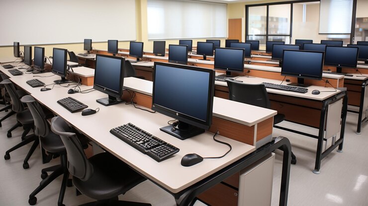 Photo empty classroom in the science center with many computers at mercer university college campus