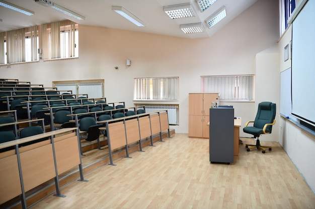 Empty classroom university or collage back to school concept in\
coronavirus pandemic time