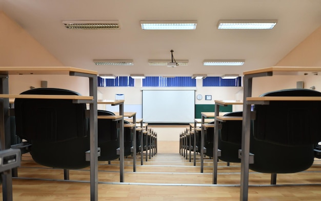 Empty classroom university or collage back to school concept in\
coronavirus pandemic time