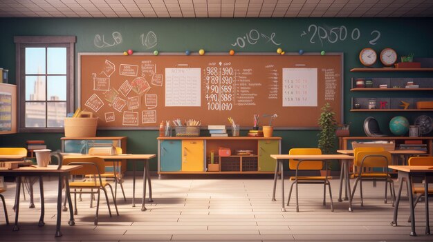 Empty classroom waiting for students to return to school with desks and educational information on the walls