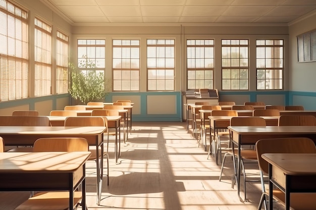 写真 学校教育または学校に戻るコンセプトに椅子と机と大きな窓のある空の教室