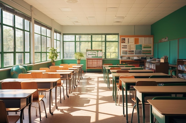 Empty classroom with chairs desks and big windows at school Education or Back to school concept