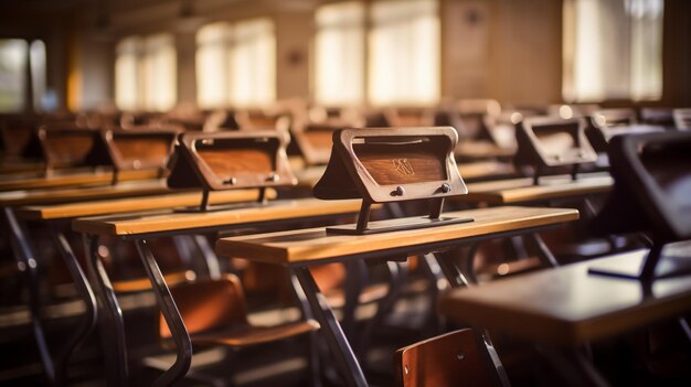 Foto aula vuota con sedie, scrivanie e lavagna.