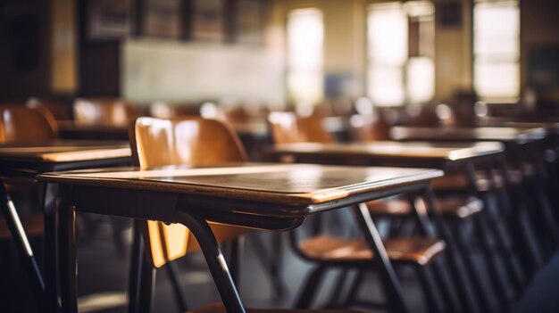 Empty classroom with chairs desks and chalkboard