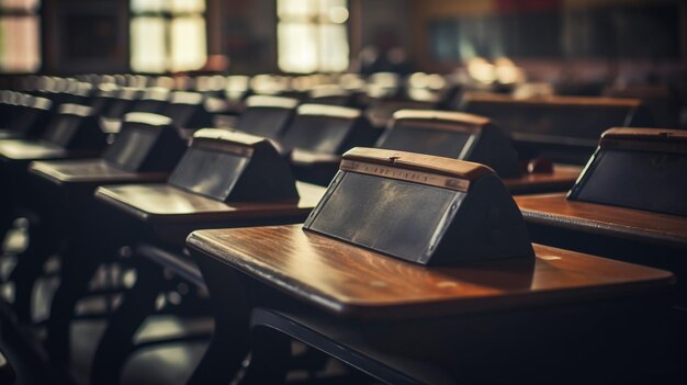 Empty classroom with chairs desks and chalkboard