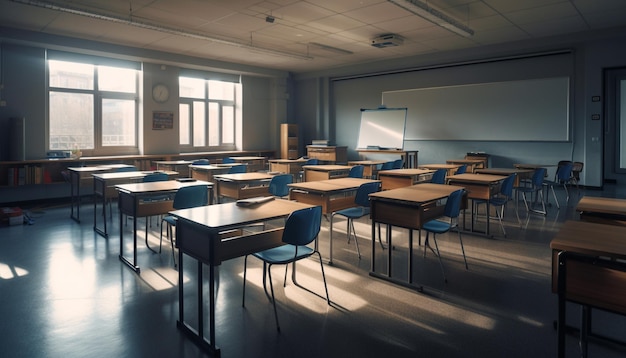 Empty classroom with chairs in a row generated by AI